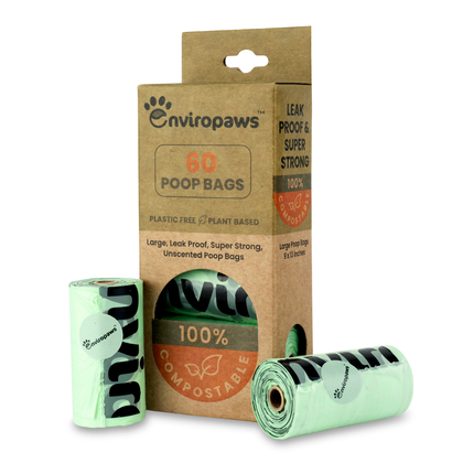 Enviropaws compostable dog (pet) poop bags; Environmentally friendly; Large (9 x 13 inches); Unscented; Leak Proof; Super Strong (20 microns thick!); Plant Based; Plastic Free